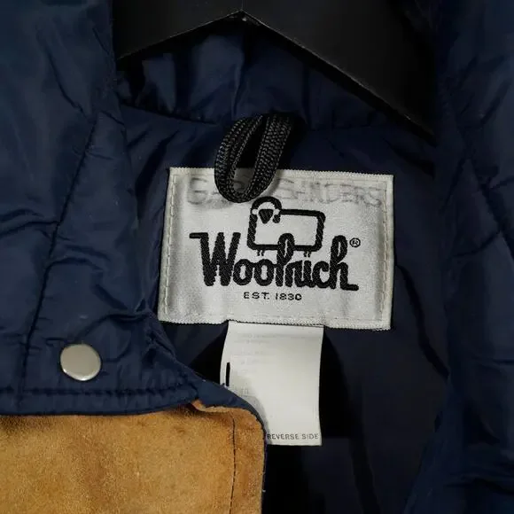 Vintage Woolrich Down Puffer Vest Suede Yoke Navy Brown Men’s Medium - Picture 6 of 11